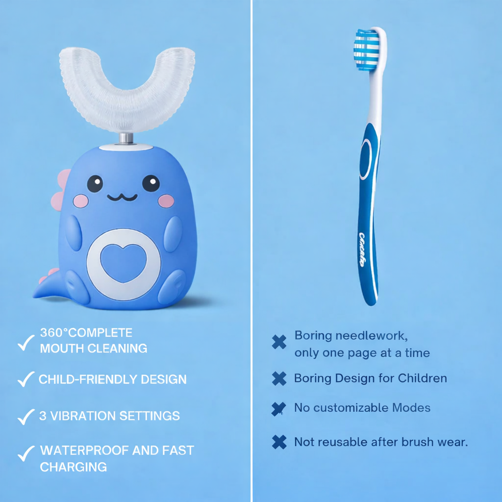Cepillo de dientes en forma de U- Cepillado sencillo, rápido y sin agobios para los peques