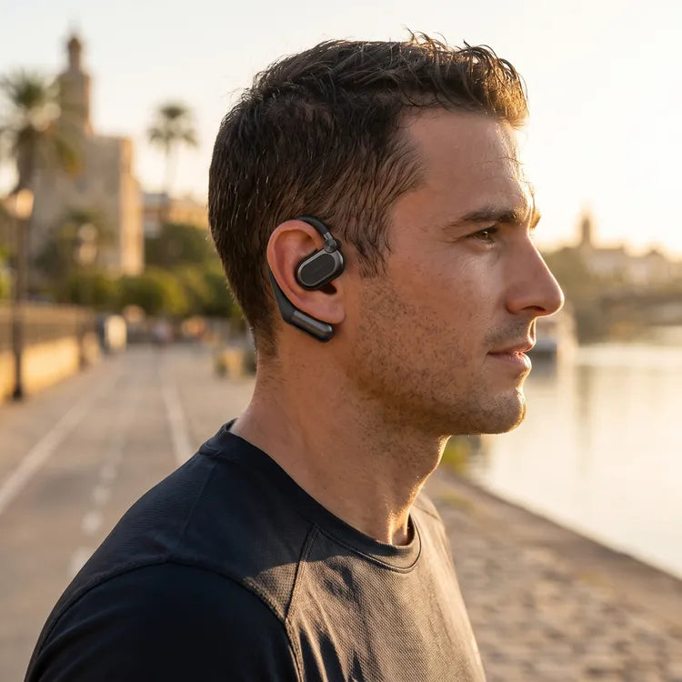 Un corredor con los auriculares de oído abierto puestos