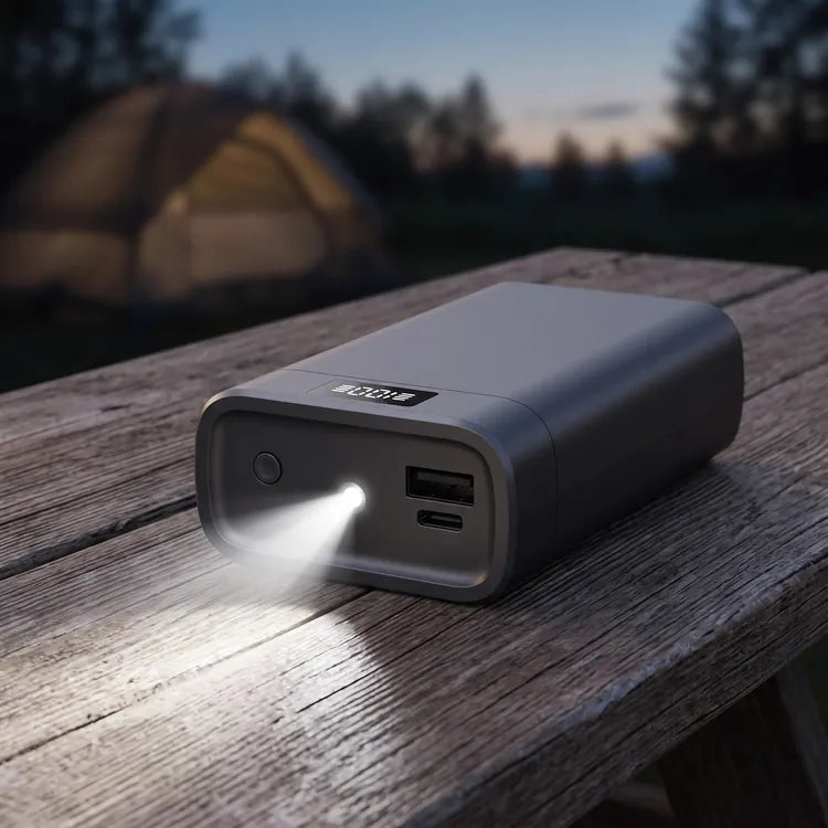 La linterna LED del estuche encendida de noche